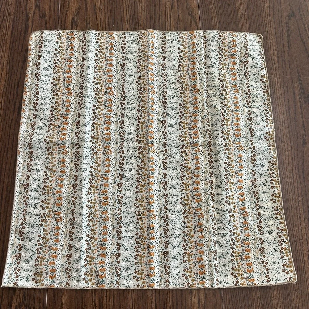 Vintage 70s Cream Orange Brown Floral Stripe Cotton Napkins Set Of Two